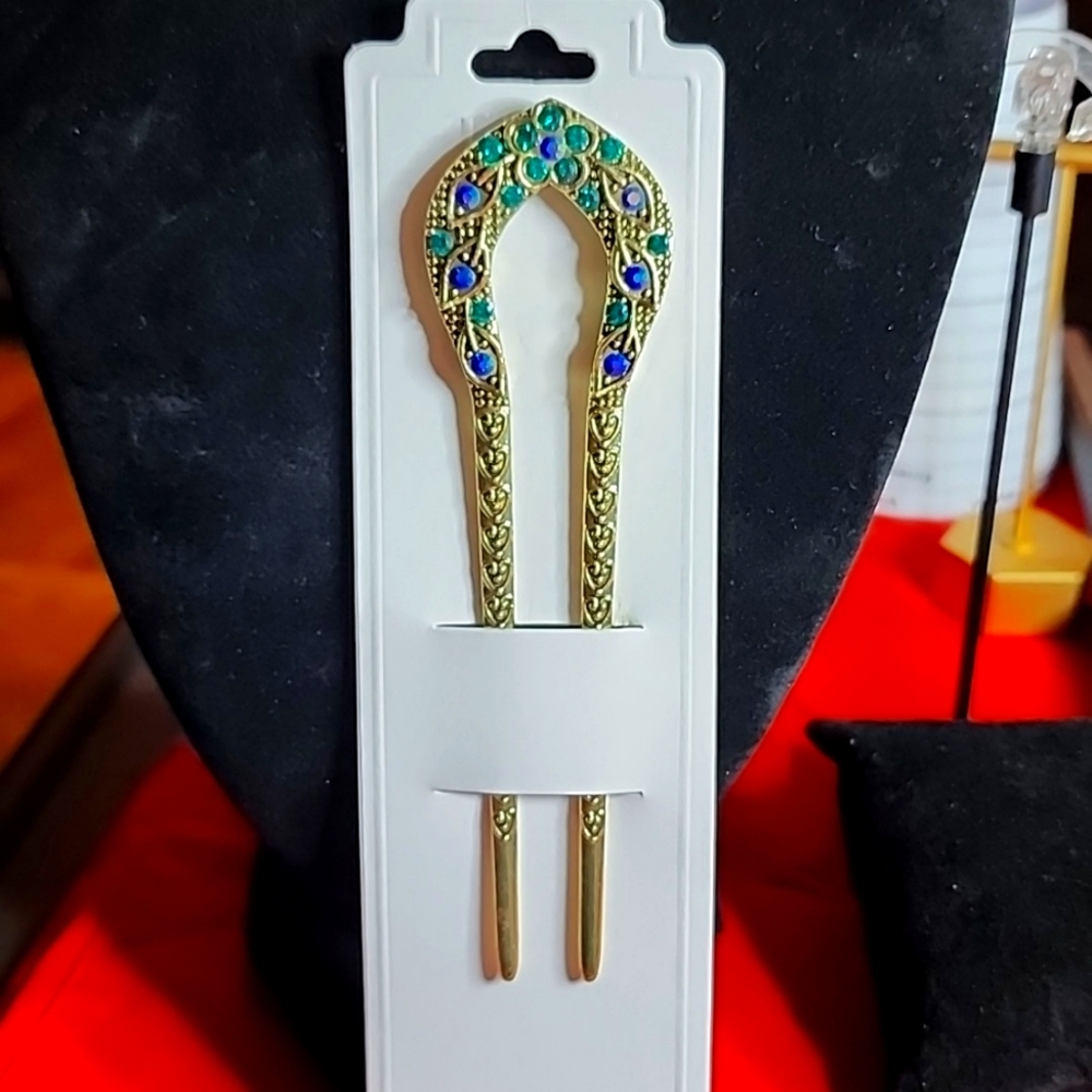 Hair Stick, gold & blue